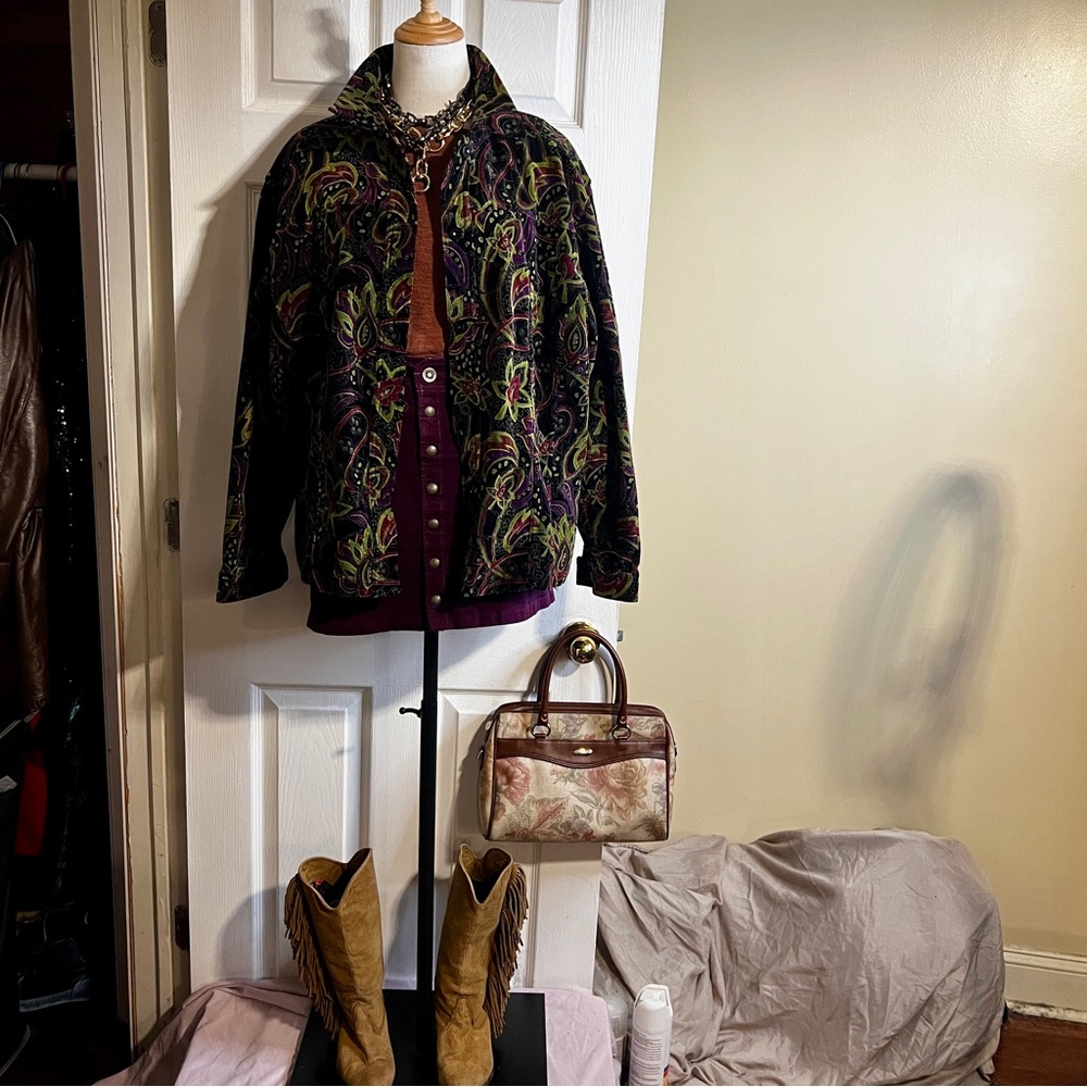 Vintage Wms CJ Banks Purple Green Paisley Velvet Boho 90s Cotton Shacket 2XL